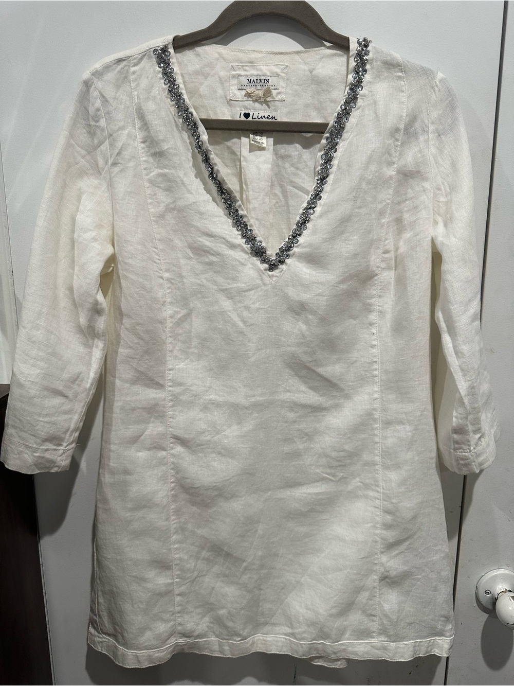 Malvin I Love Linen V-Neck Tunic with Silver Beaded Trim